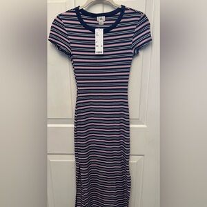 NWT BDG (UO) Maxi t-shirt dress. Pink/navy stripes.Cap sleeve/side slits Size XS